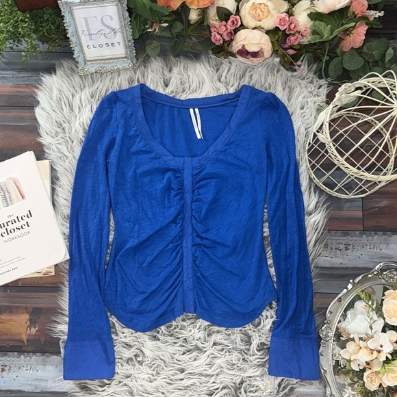 Anthropologie Royal Blue Ruched Long-Sleeve Top Luxe Sculpted Minimalist Chic - Picture 4 of 9